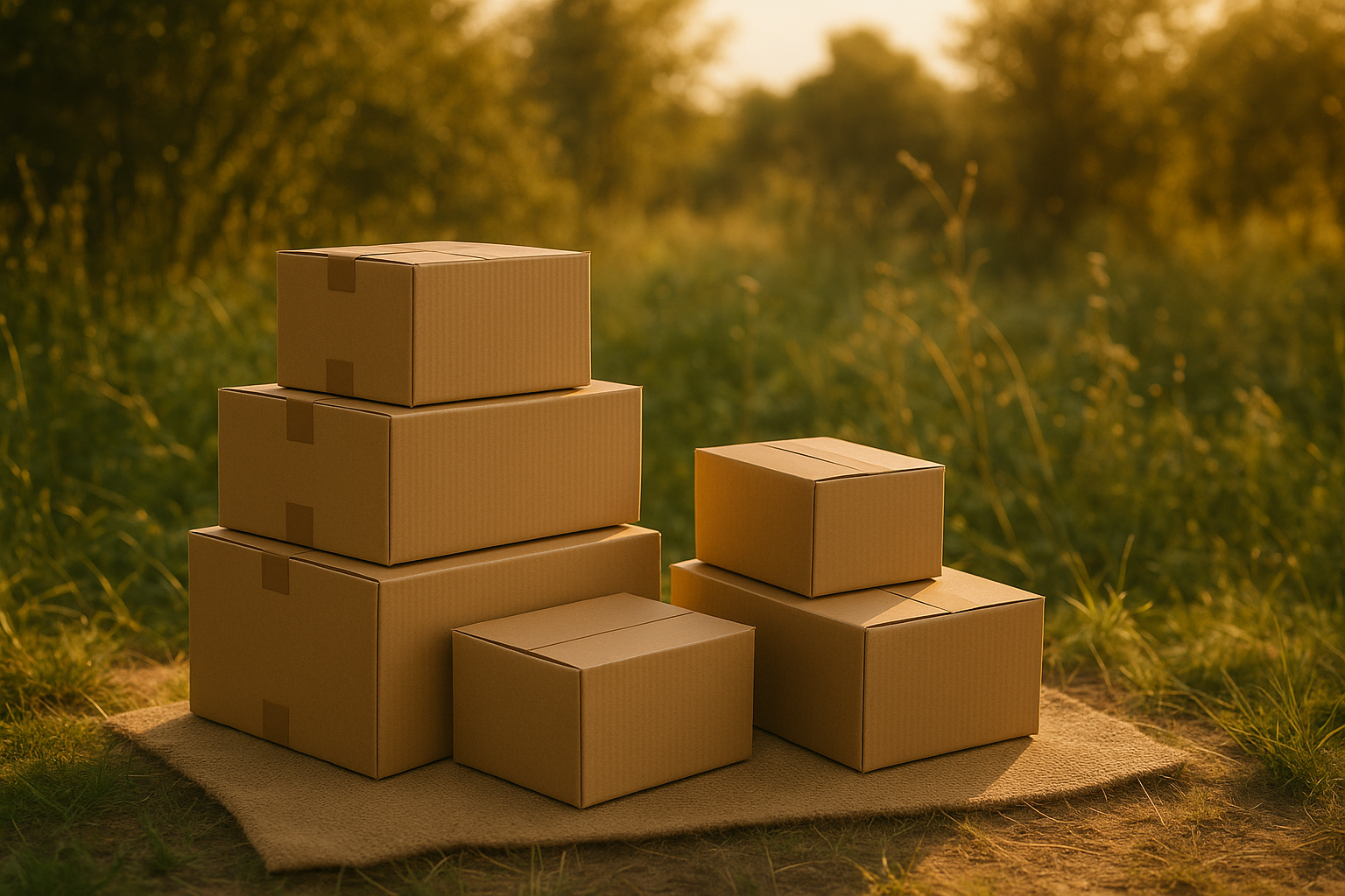 A group of six cardboard shipping boxes of varying sizes stacked neatly on a mat in a grassy field, bathed in warm, golden sunlight.