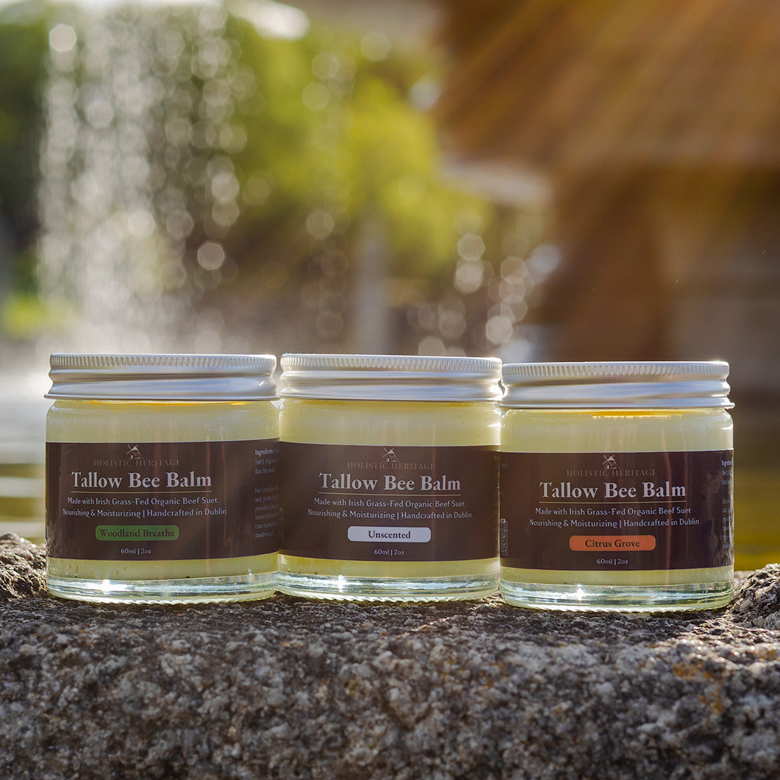 Three Holistic Heritage Tallow Bee Balm jarsโWoodland Breathe, Unscented, and Citrus Groveโlined up on a stone surface with soft sunlight and a blurred fountain background.