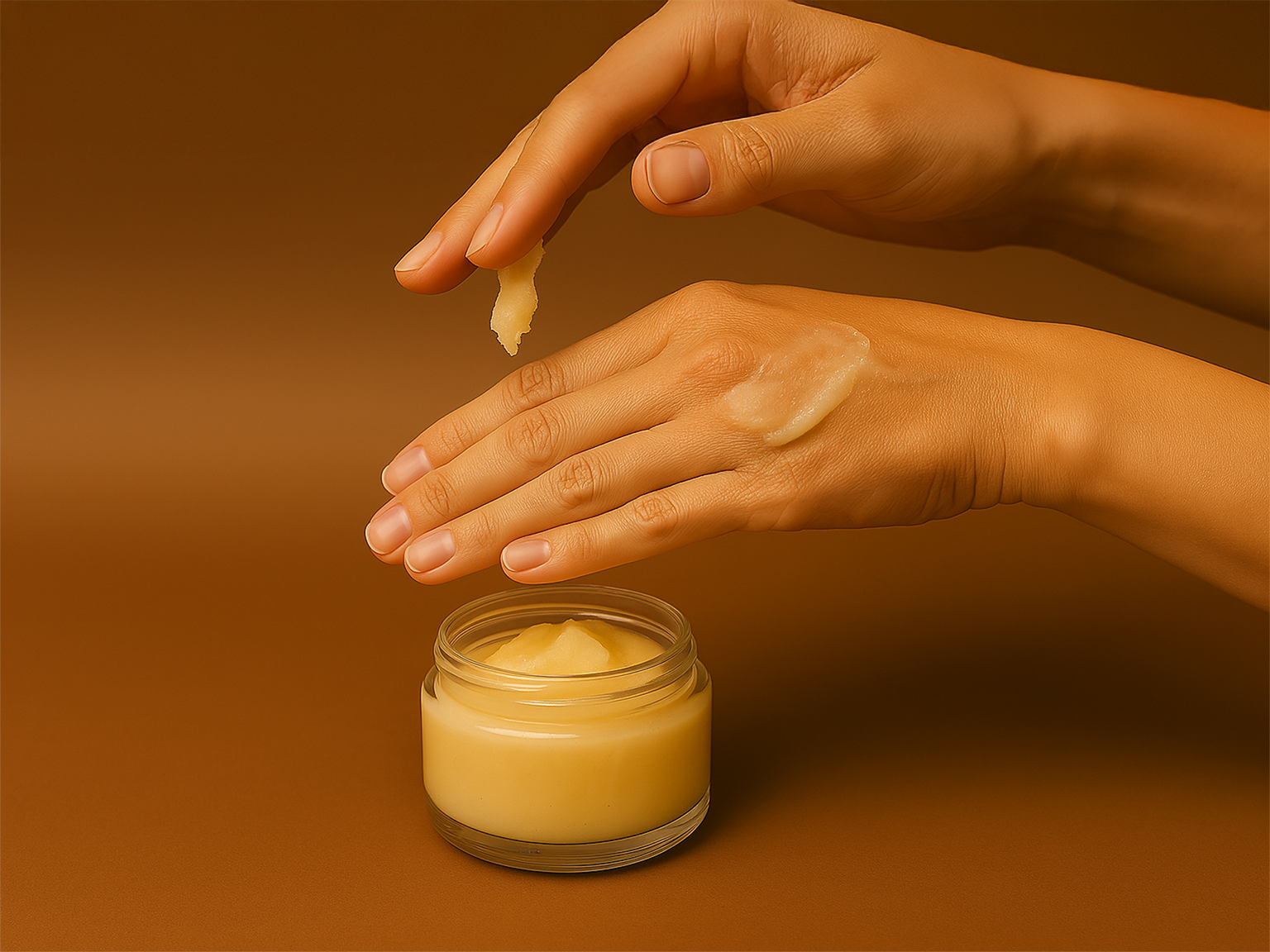 A person scooping and applying a creamy tallow balm onto the back of their hand from an open glass jar, set against a warm brown background.
