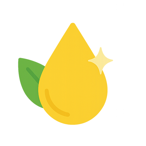 Golden oil drop with green leaves and sparkle – representing natural, nourishing skincare oils.